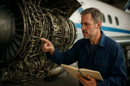 Mechanik skúma detaily motora lietadla.