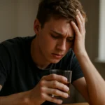 Mladý muž so sklennou alkoholu v ruke, vyjadrujúci trápenie.