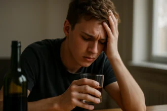 Mladý muž so sklennou alkoholu v ruke, vyjadrujúci trápenie.