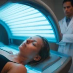 Žena relaxuje v soláriu pod dohľadom odborníka.