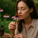 Žena s echinaceou v ruke, obklopená kvetmi echinacey.