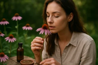Žena s echinaceou v ruke, obklopená kvetmi echinacey.