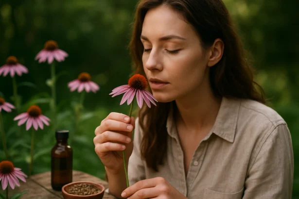 Žena s echinaceou v ruke, obklopená kvetmi echinacey.