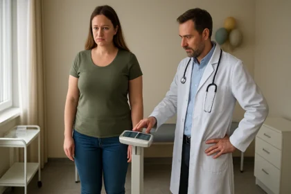 Žena na diagnostických váhach s lekárom v ordinácii.