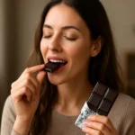 Žena si vychutnáva kus čiernej čokolády s úsmevom.