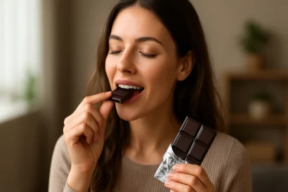 Žena si vychutnáva kus čiernej čokolády s úsmevom.