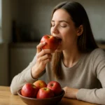 Žena si užíva jablko v útulnej kuchyni medzi ďalšími jablkami.