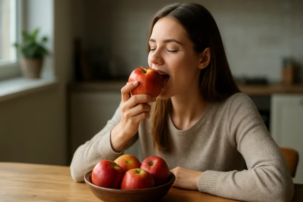 Žena si užíva jablko v útulnej kuchyni medzi ďalšími jablkami.