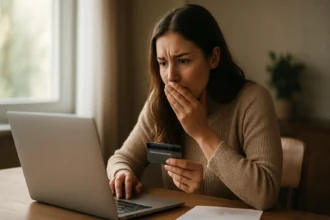 Žena znepokojená pri online nákupe s kreditnou kartou