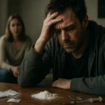 Muž so zlomeným výrazom a drogami na stole, žena v pozadí