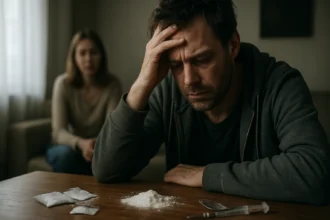 Muž so zlomeným výrazom a drogami na stole, žena v pozadí