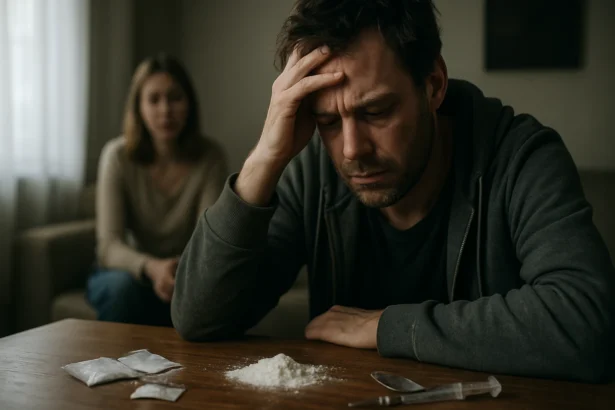 Muž so zlomeným výrazom a drogami na stole, žena v pozadí