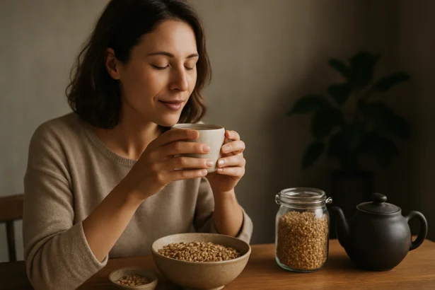 Žena si vychutnáva obilnú kávu s úsměvom a zatvorenými očami.