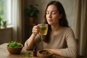 Žena s bylinkovým čajom z Herbafulva a prírodnými surovinami.