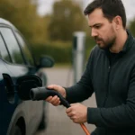 Muži pripájajúci predlžovač dojazdu k elektrickému vozidlu.