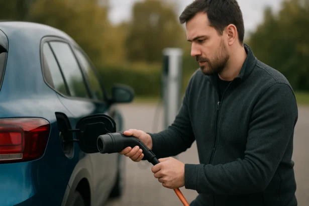 Muži pripájajúci predlžovač dojazdu k elektrickému vozidlu.