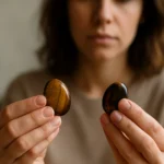 Žena porovnávajúca tigrie oči, energické kamene pre vnútornú rovnováhu.