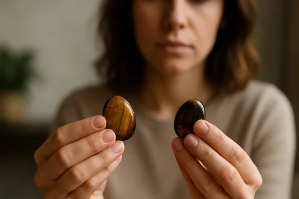 Žena porovnávajúca tigrie oči, energické kamene pre vnútornú rovnováhu.