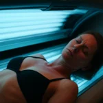 Žena ležiaca v soláriu, vystavená umelému UV žiareniu.