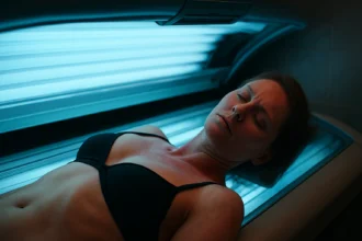 Žena ležiaca v soláriu, vystavená umelému UV žiareniu.