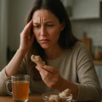 Žena s bolestivým výrazom, drží zázvor pri zázvorovom čaji.