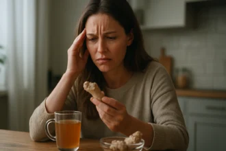 Žena s bolestivým výrazom, drží zázvor pri zázvorovom čaji.