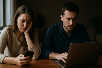 Pár diskutuje o vzťahoch a Facebooku, vyjadrujúci frustráciu.