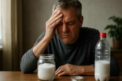 Muž si drží hlavu v náznaku bolesti a pozerá sa na soľ v sklenenom pohári.