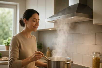 Žena varí v kuchyni s odsávačom pár, obklopená čerstvým vzduchom.