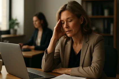 Zaneprázdnená žena v kancelárii uvažuje o odchode do dôchodku.