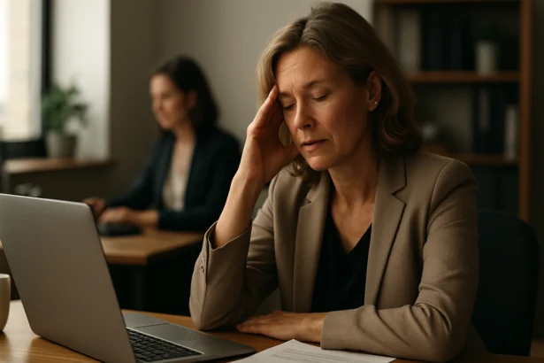 Zaneprázdnená žena v kancelárii uvažuje o odchode do dôchodku.