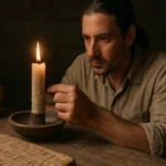 Muž merajúci čas svetlom sviečky v starovekom prostredí.