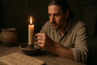 Muž merajúci čas svetlom sviečky v starovekom prostredí.