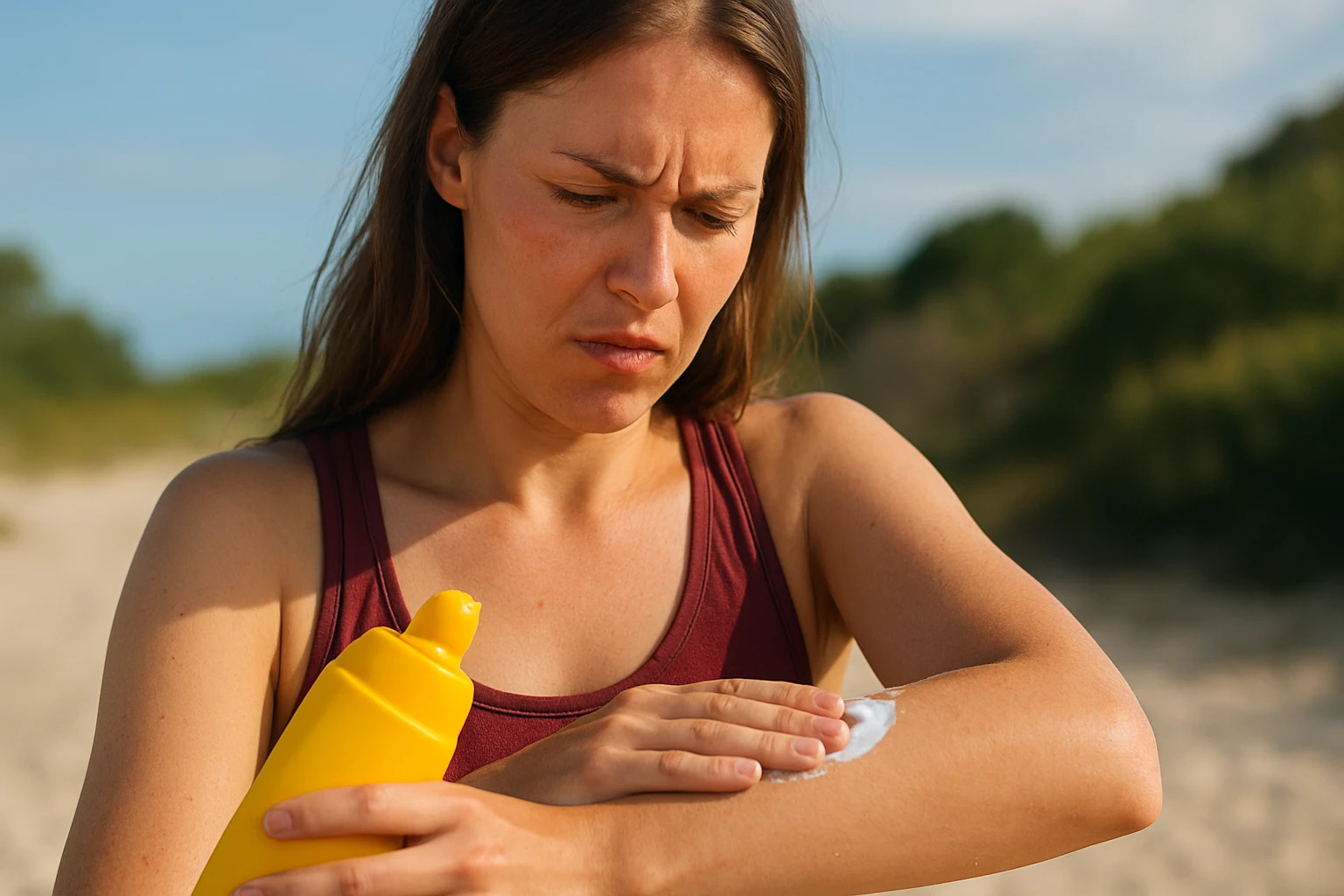 Žena nanášajúca opaľovací krém bez oxybenzónu na pleť.