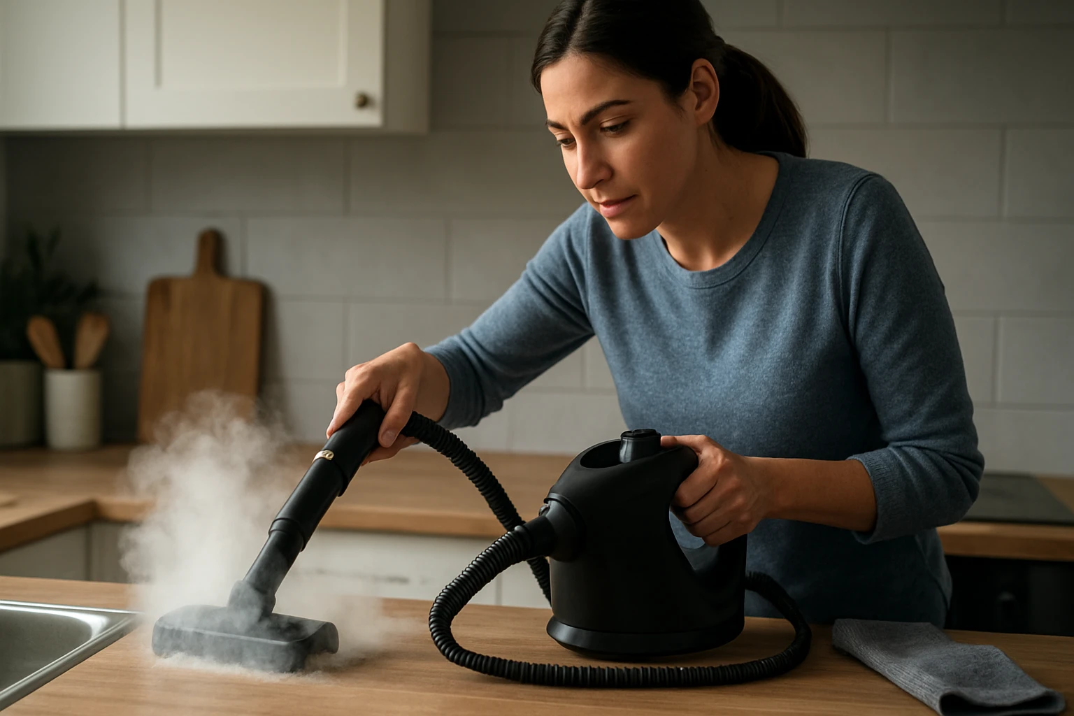 Žena používa parný čistič na čistenie kuchynskej linky