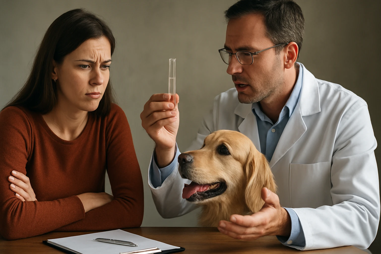 Veterinár vysvetľuje ženě léčebné účinky psí sliny