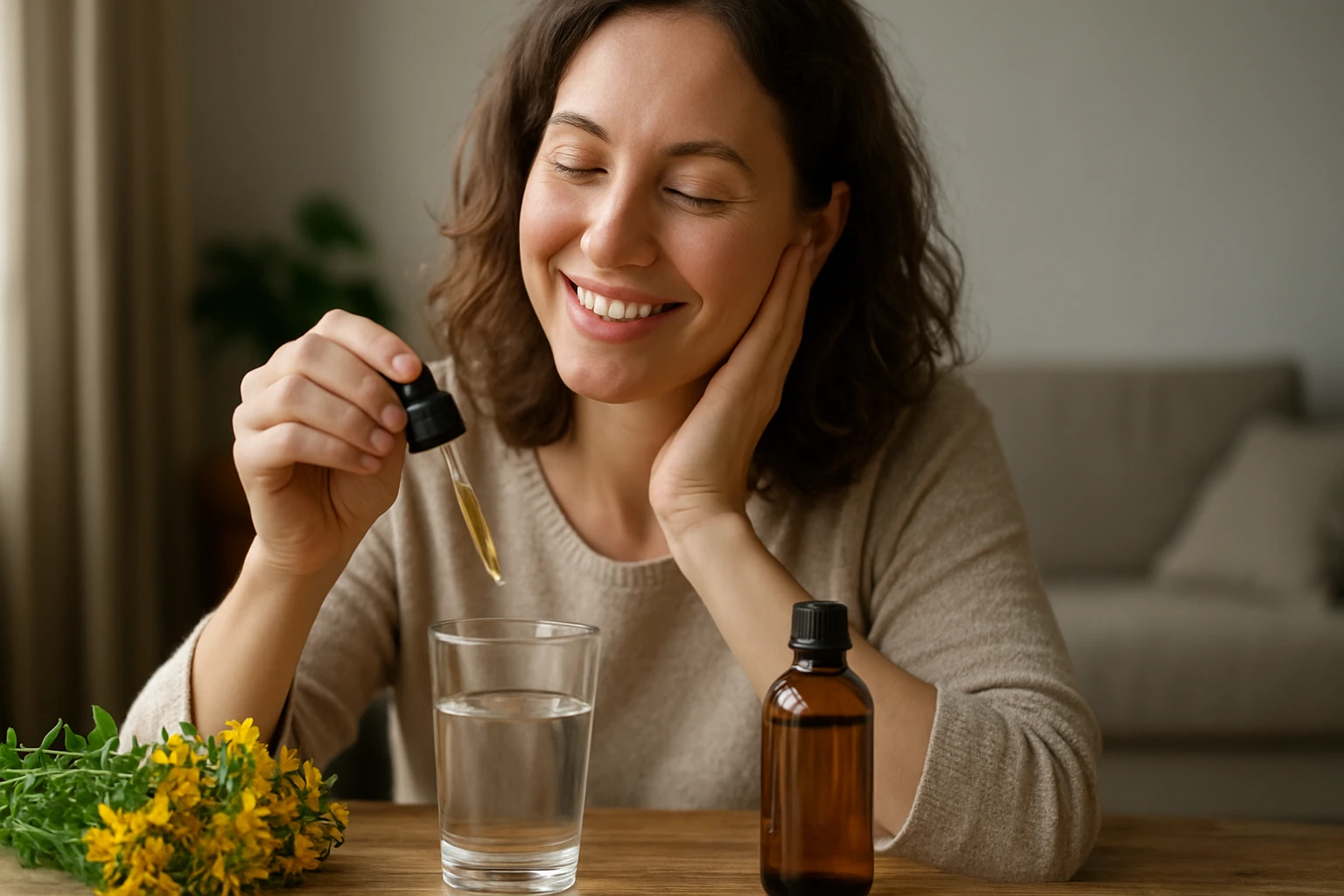 Žena pripravuje ľubovníkovú tinktúru pre zlepšenie nálady