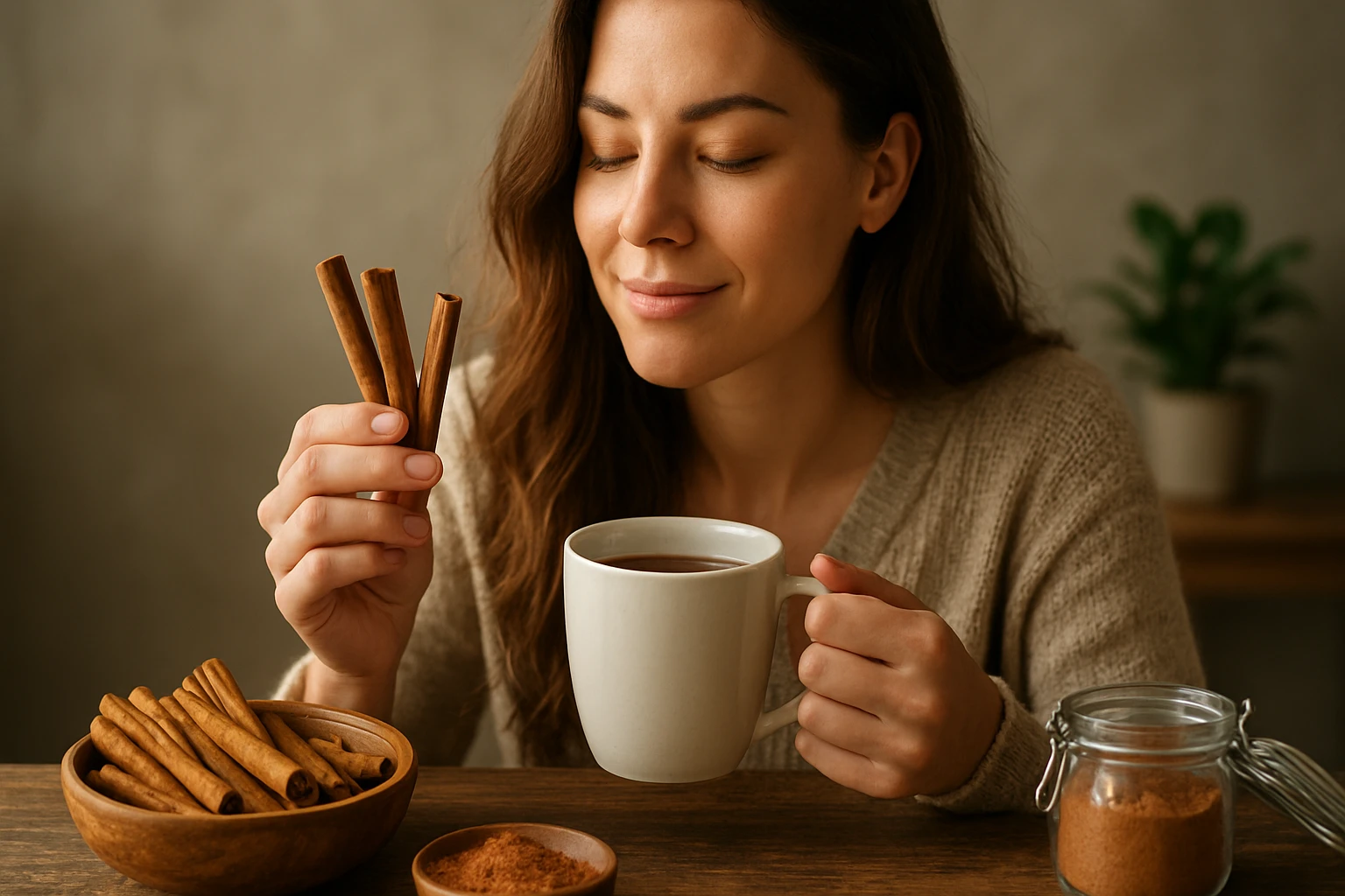 Žena si vychutnáva škoricový nápoj s škoricou a mletou škoricou.