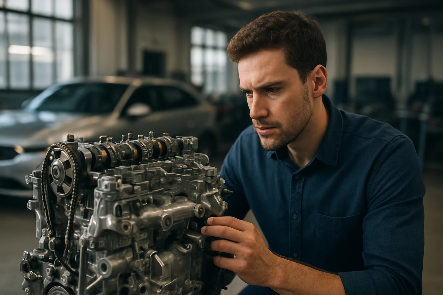 Muž skúma Atkinson motor v technickej dielni.