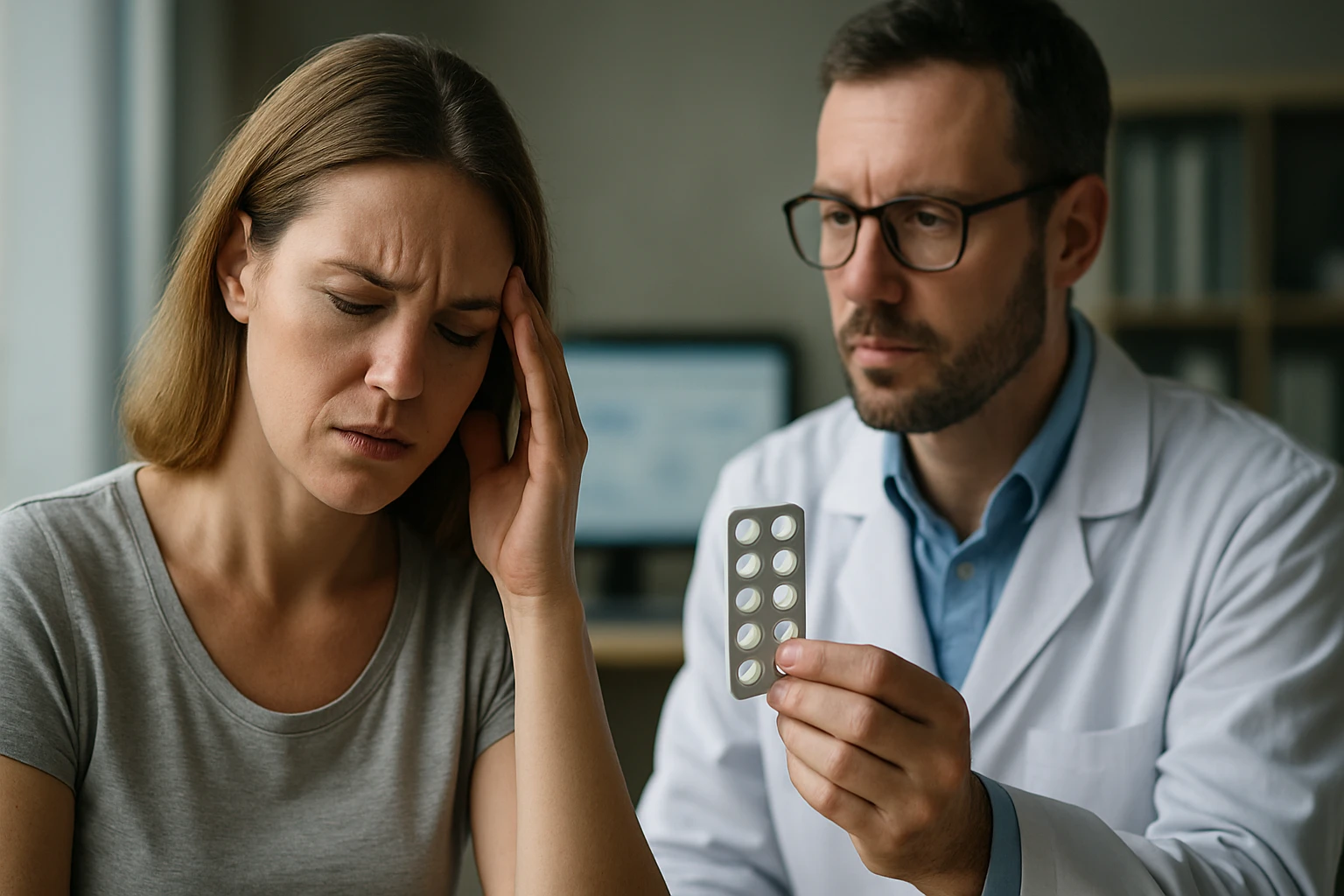 Muž s liekmi hovorí so ženou so silnou bolesťou hlavy