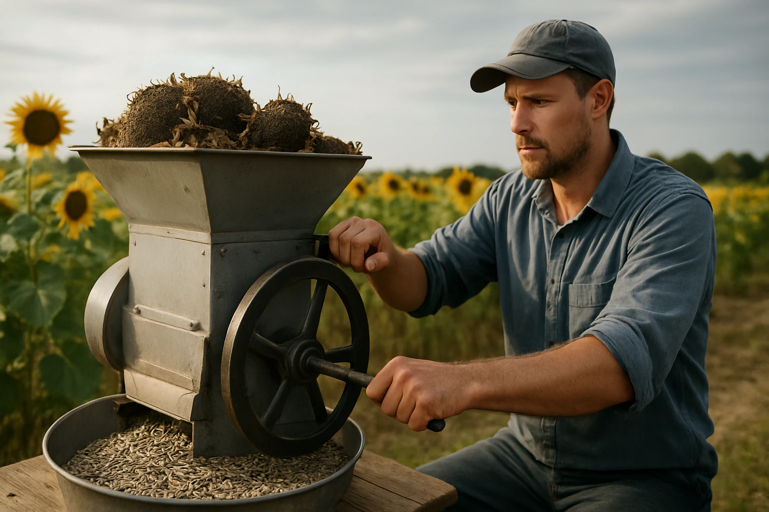 Farmár using a sunflower seed peeling machine in a field.