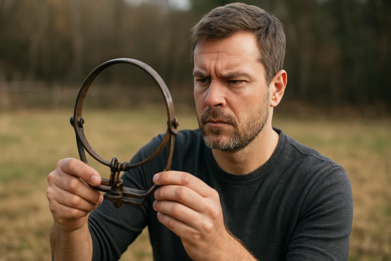 Muž skúma pascu na slučky v prírode