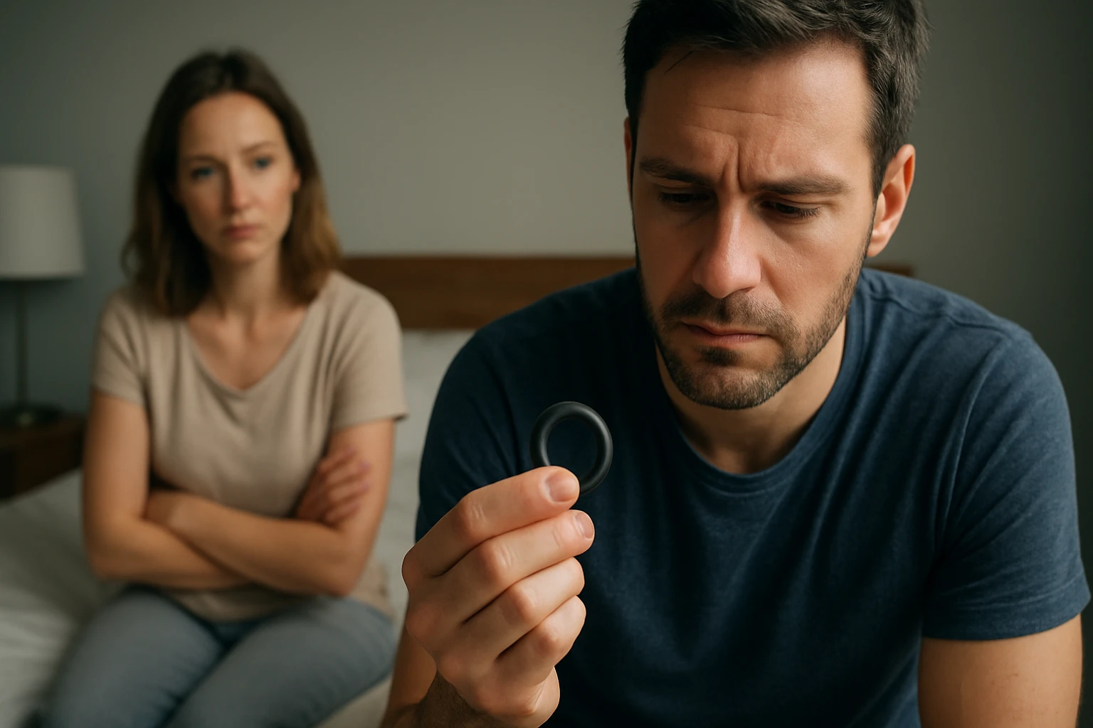 Muž posudzuje erekčný krúžok, žena s prekríženými rukami