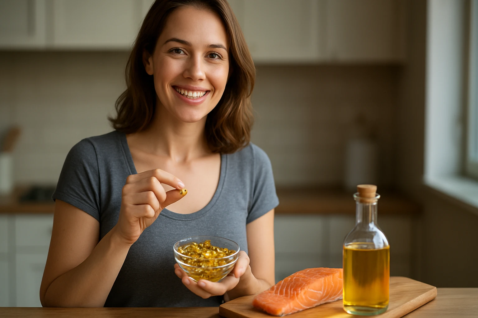 Žena s omega-3 doplnkami, lososom a olivovým olejom v kuchyni.