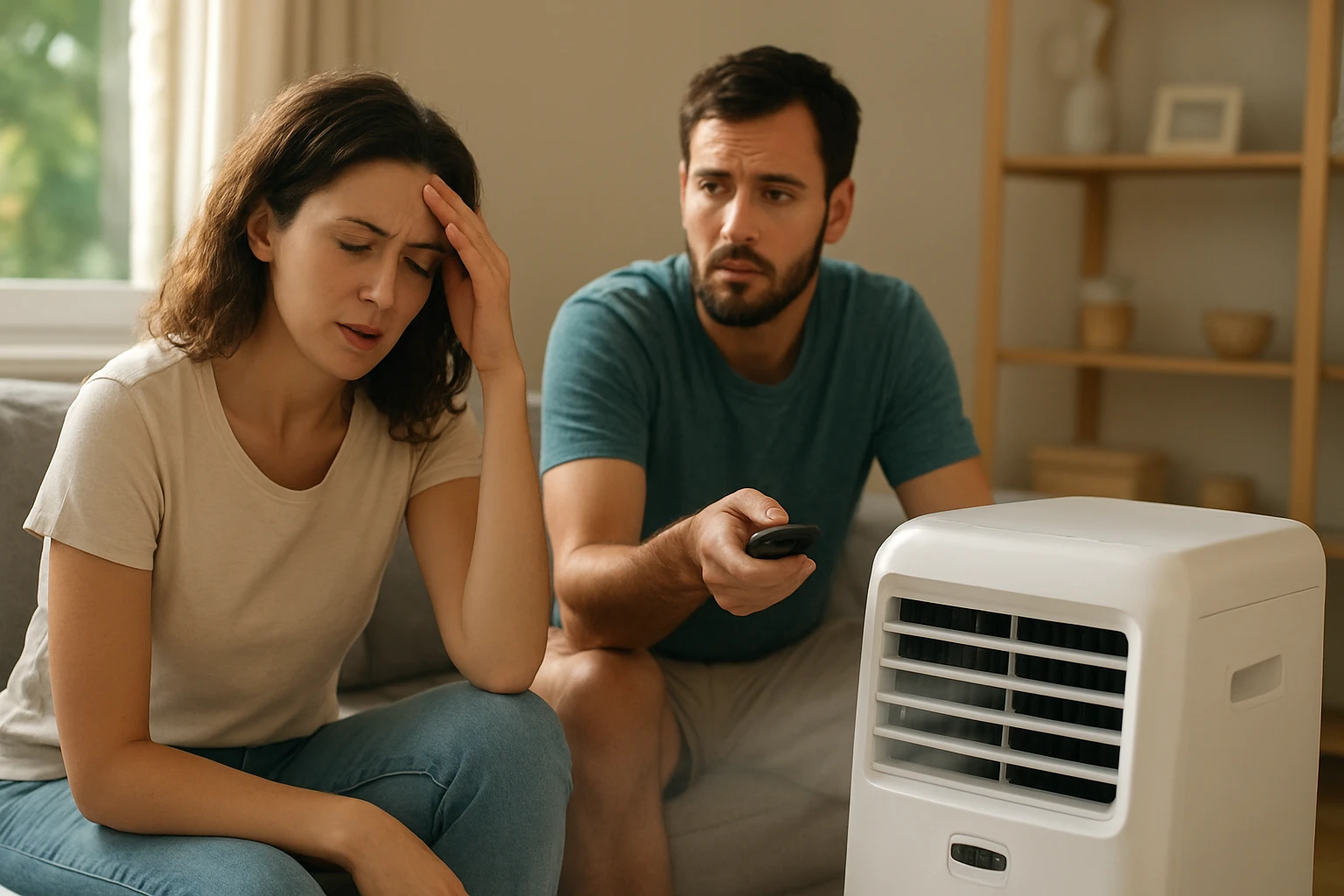 Pár v obývačke trpí horúčavami, používajú mobilnú klimatizáciu.