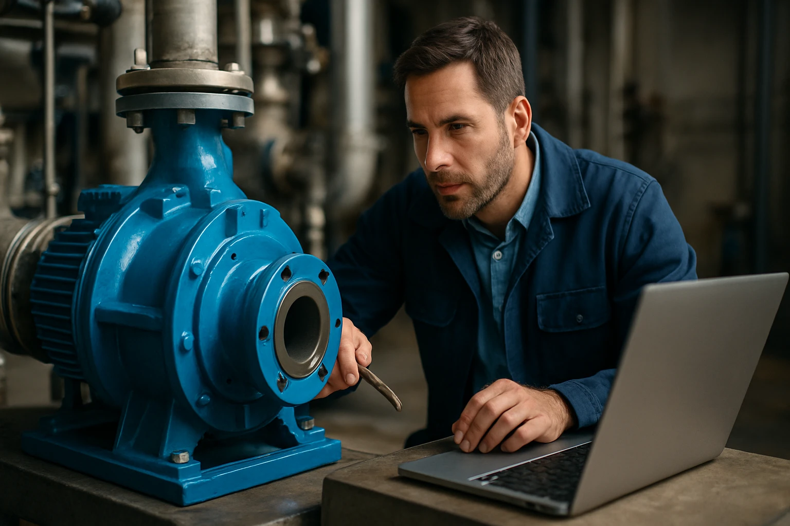 Muž skúma SIHI čerpadlo s prácou na laptopu v priemyselnom prostredí.