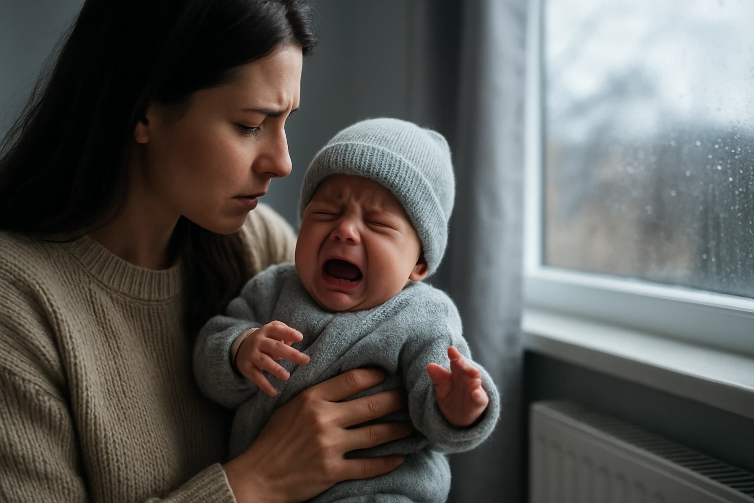 Matka sa obáva a drží plačúce bábätko v chladnom dni pri okne.