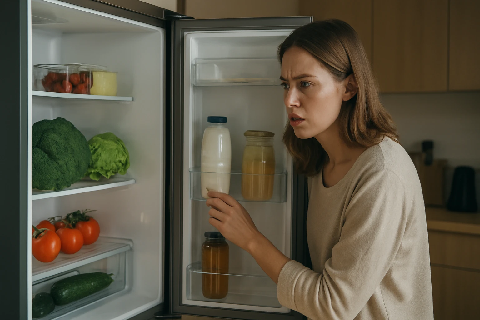 Žena kontroluje obsah chladničky s čerstvými potravinami.