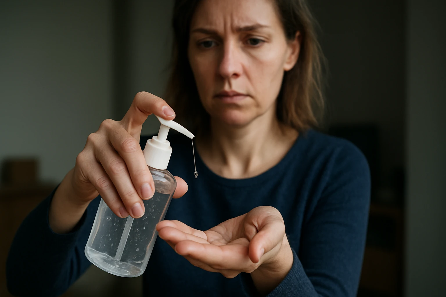 Žena používajúca alkoholový dezinfekčný prostriedok na ruky.