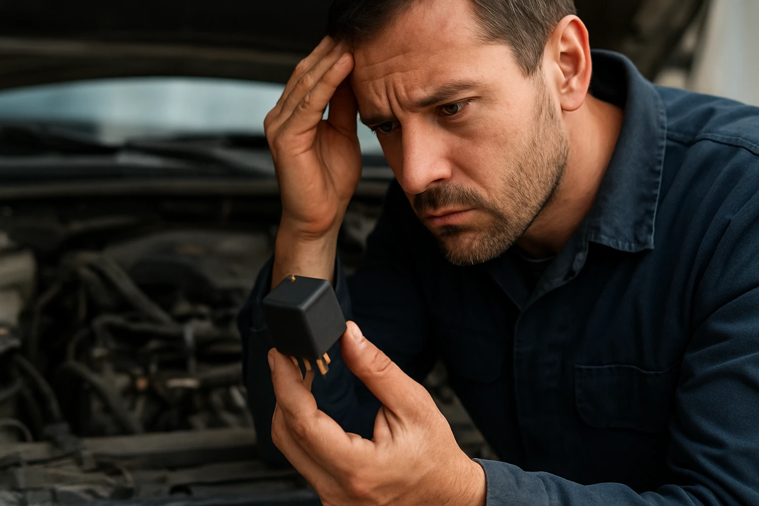 Muž skúma relé palivového čerpadla pri oprave auta.